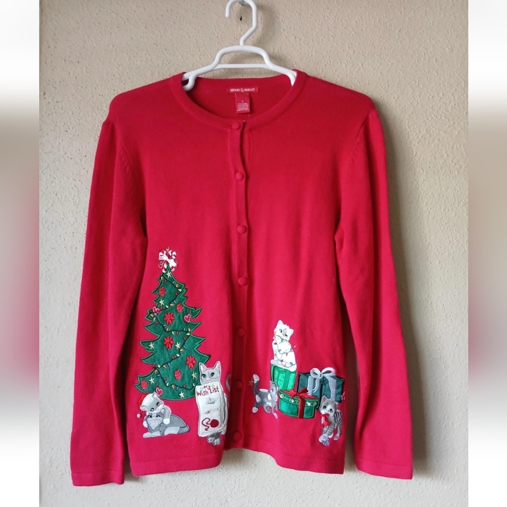 Merry & Bright Women's Red Christmas Cat Sweater Cat Mom NWT Size Large